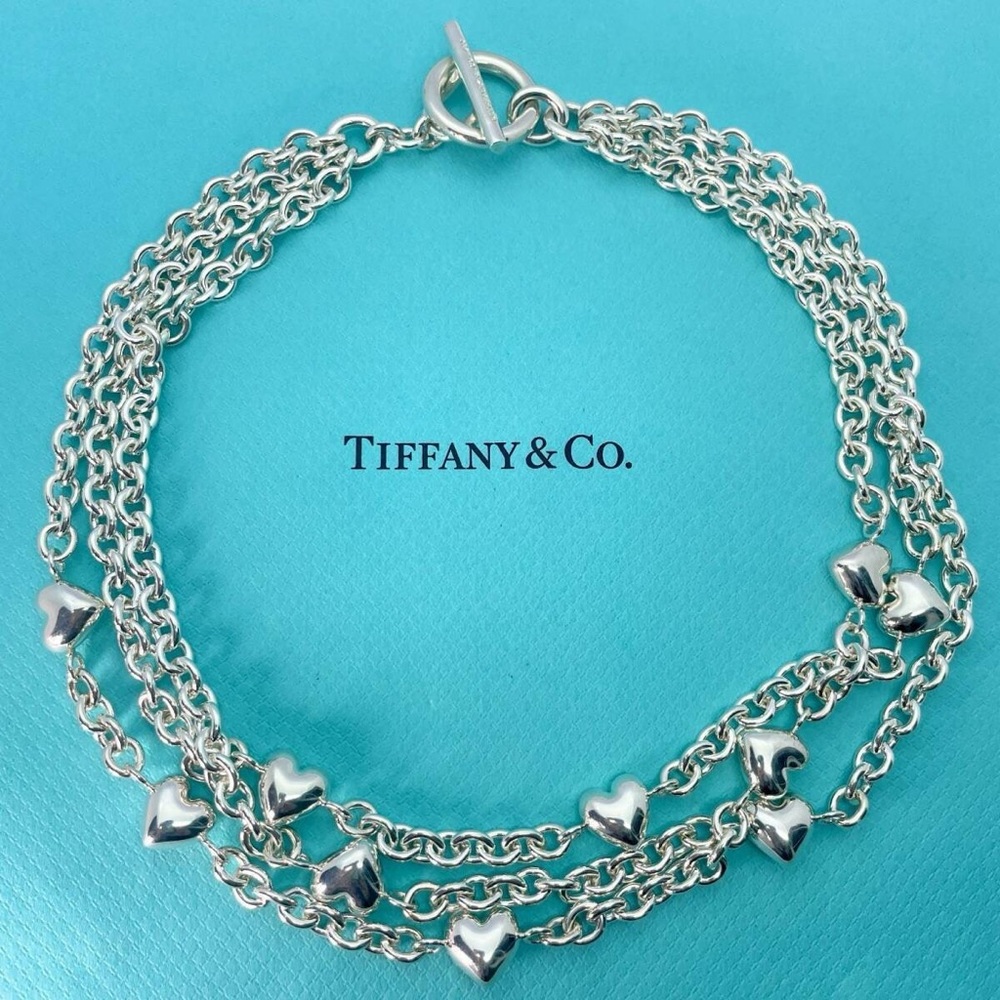 Vintage Tiffany Rare 3 Row Choker Toggle Heart Necklace Sterling Silver 925 Co.